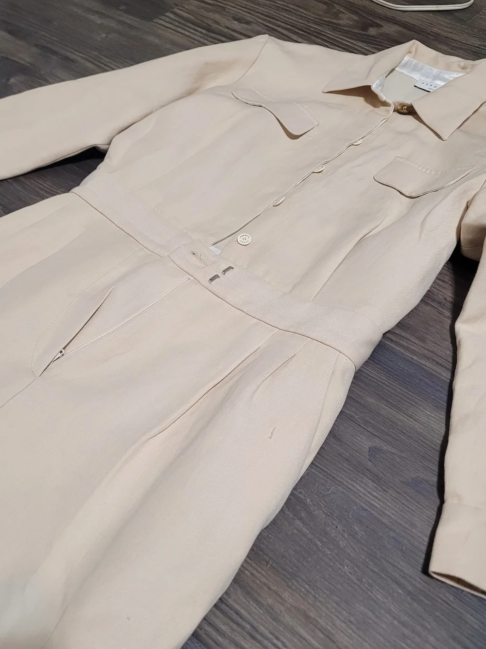 Sandro Cream Collared Utility Jumpsuit Uno Cotton Linen-Blend Twill Pockets M - Picture 3 of 15